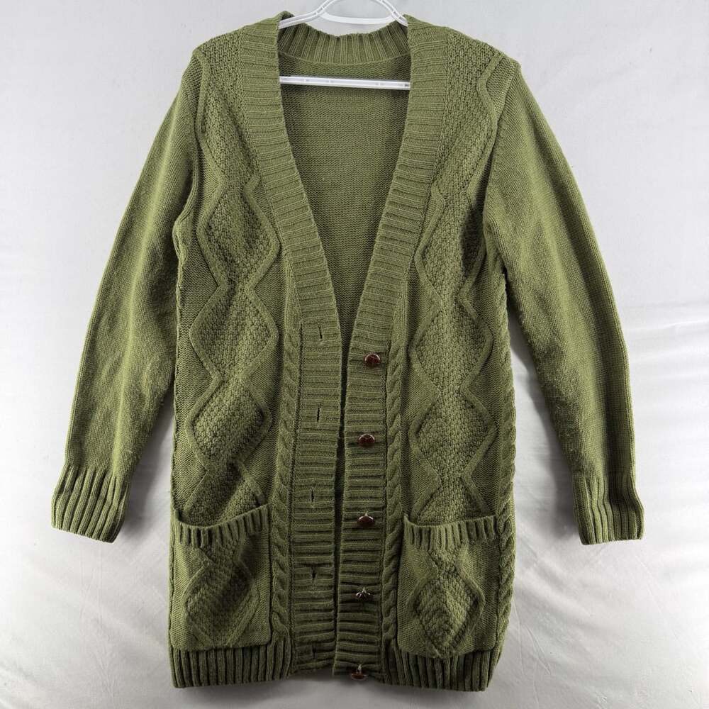 1529 Unbranded Cable Knit Cardigan Size L Green Long Sleeve
